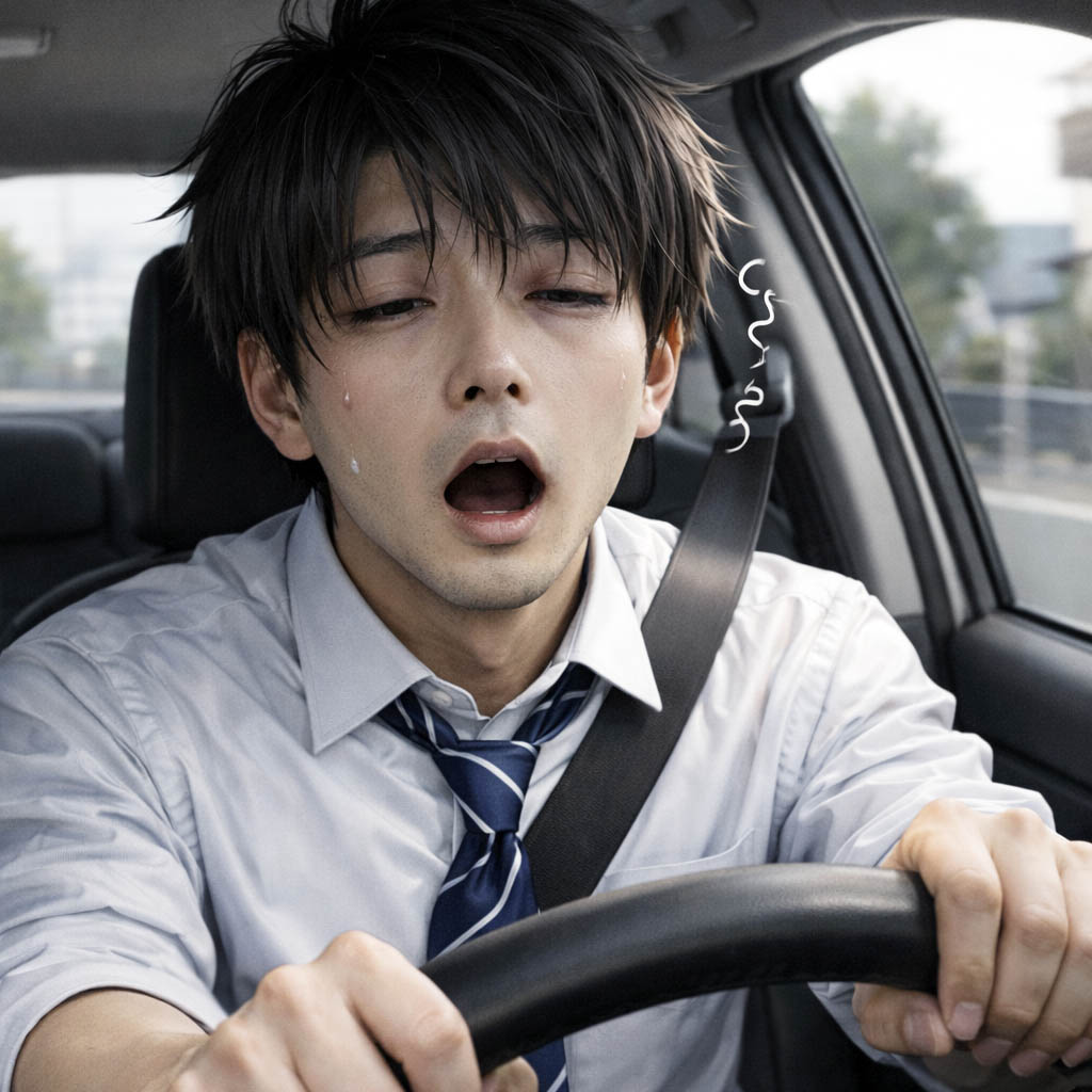 運転中に強い眠気を感じている男性ドライバー