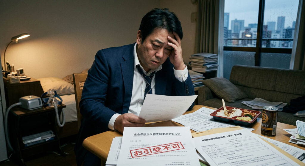 睡眠時無呼吸症候群（SAS）と診断された太り気味の日本人男性会社員が、生命保険に加入できないと言われて悩んでいる
